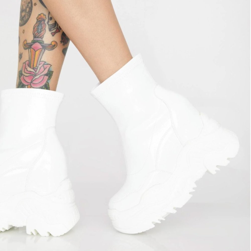 White Bulky Wedge Patent Ankle Boot